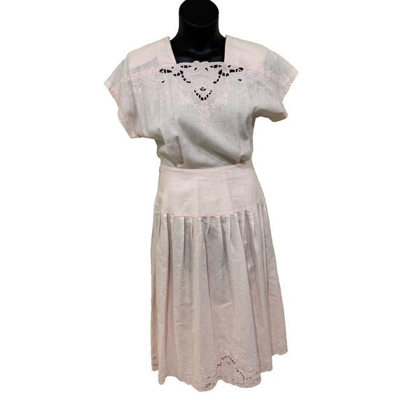 Talbots Embroidered Lace Eyelet Linen Blend Pale Pink Drop Waist Dress 6 8 Vtg - Picture 2 of 8